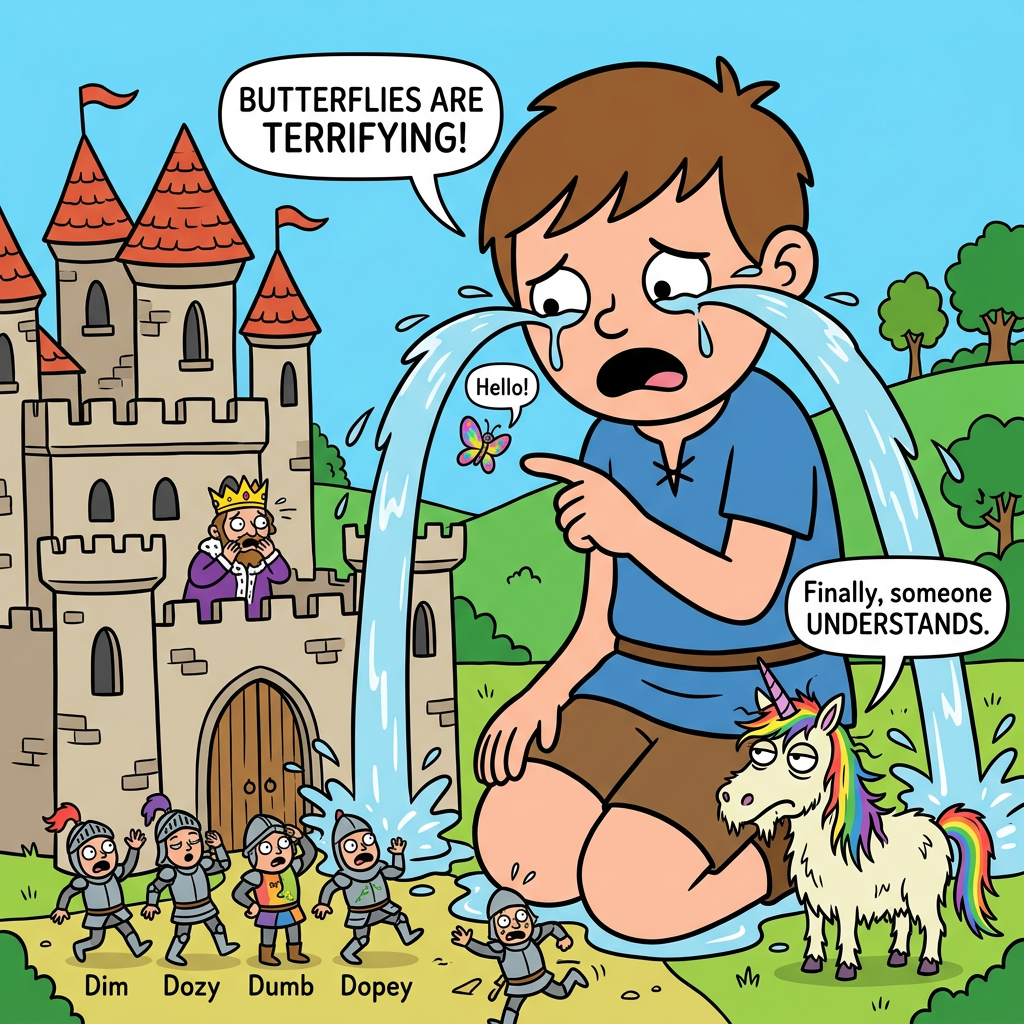 Timmy the giant crying in front of Confusington Castle, pointing at a butterfly saying Hello!, Glitterbane saying Finally someone understands, the four knights and Kevin running below, the King watching from the battlements